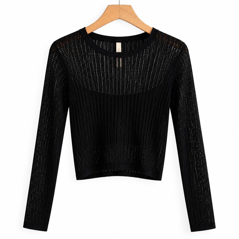 Free People H2O Crew Pullover M Black Sheer Open Knit Mesh Sweater NWT